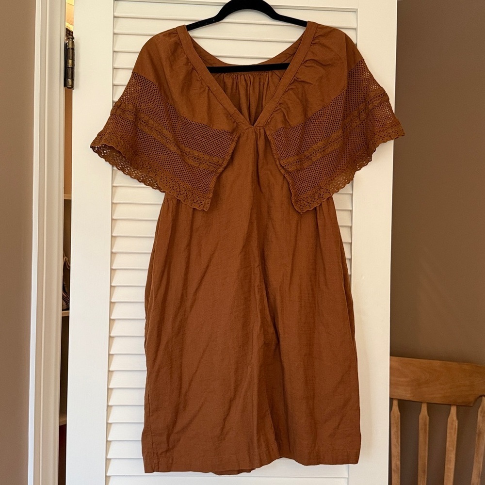 Old Navy Boho Mini Dress Medium Brown Flutter Sleeve Crochet Cottagecore - Picture 6 of 6